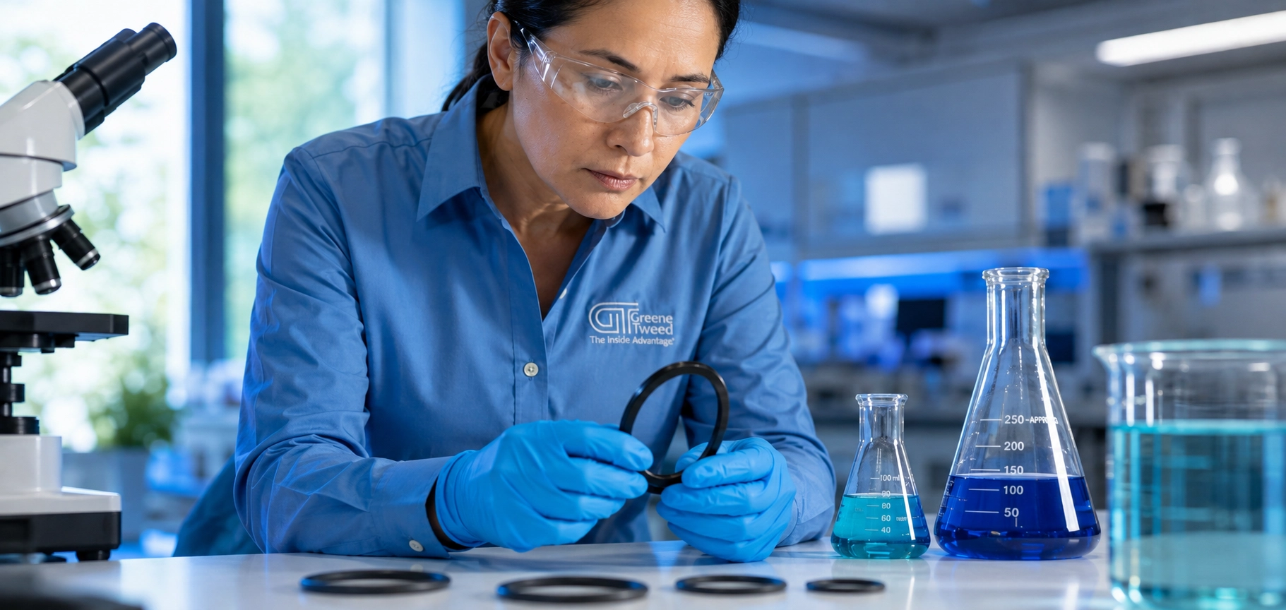 Scientist inspecting a O-ring in a laboratory