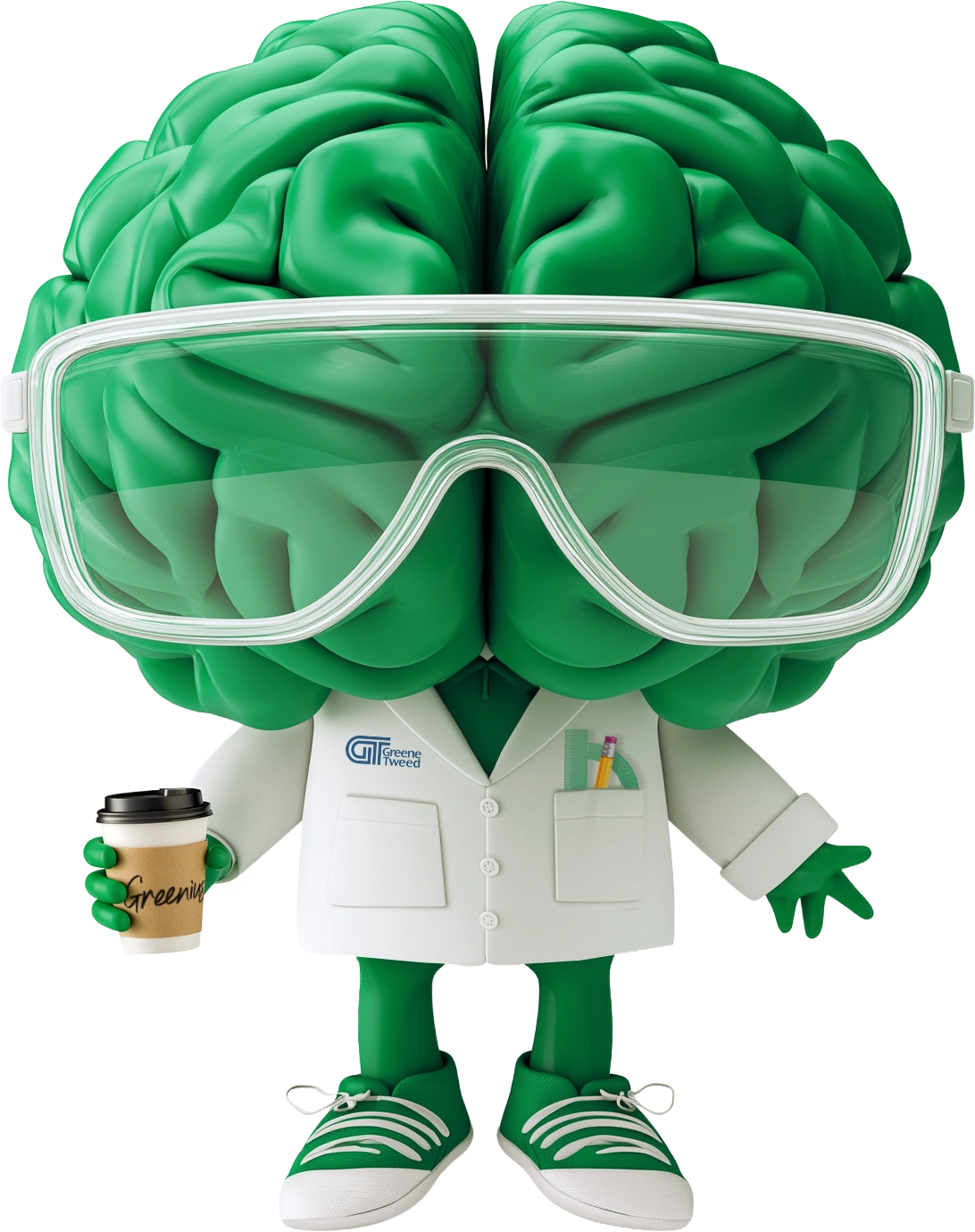Greenius, el asistente de IA de Greene Tweed: un cerebro verde con gafas de seguridad y bata de laboratorio, con una taza de café en la mano