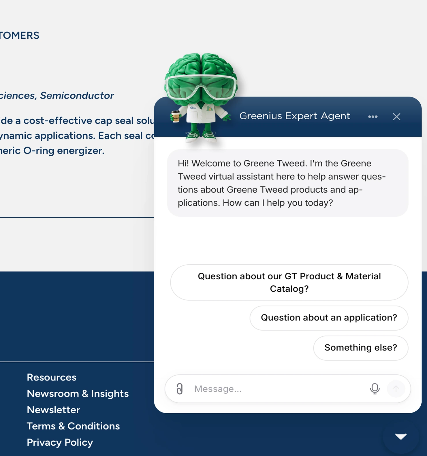La ventana de chat de Greenius Expert Agent se abre en gtweed.com y da la bienvenida al visitante con preguntas sugeridas