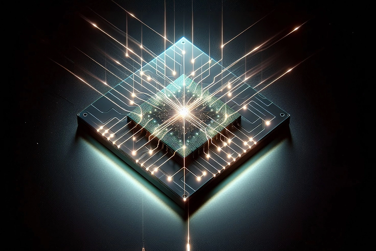 AI photonic chip with glowing circuit connections